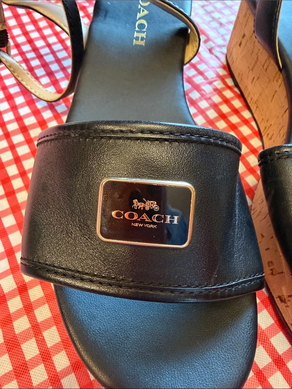 COACH size 8 Black Leather Cork Wedge Sandals with Ankle Strap - Picture 2 of 8
